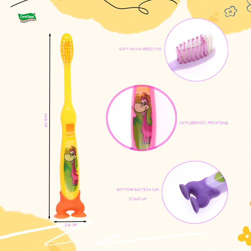 Child Toothbrush with Cute Pattern Suction Cup Base for 3-12 Years Old Children