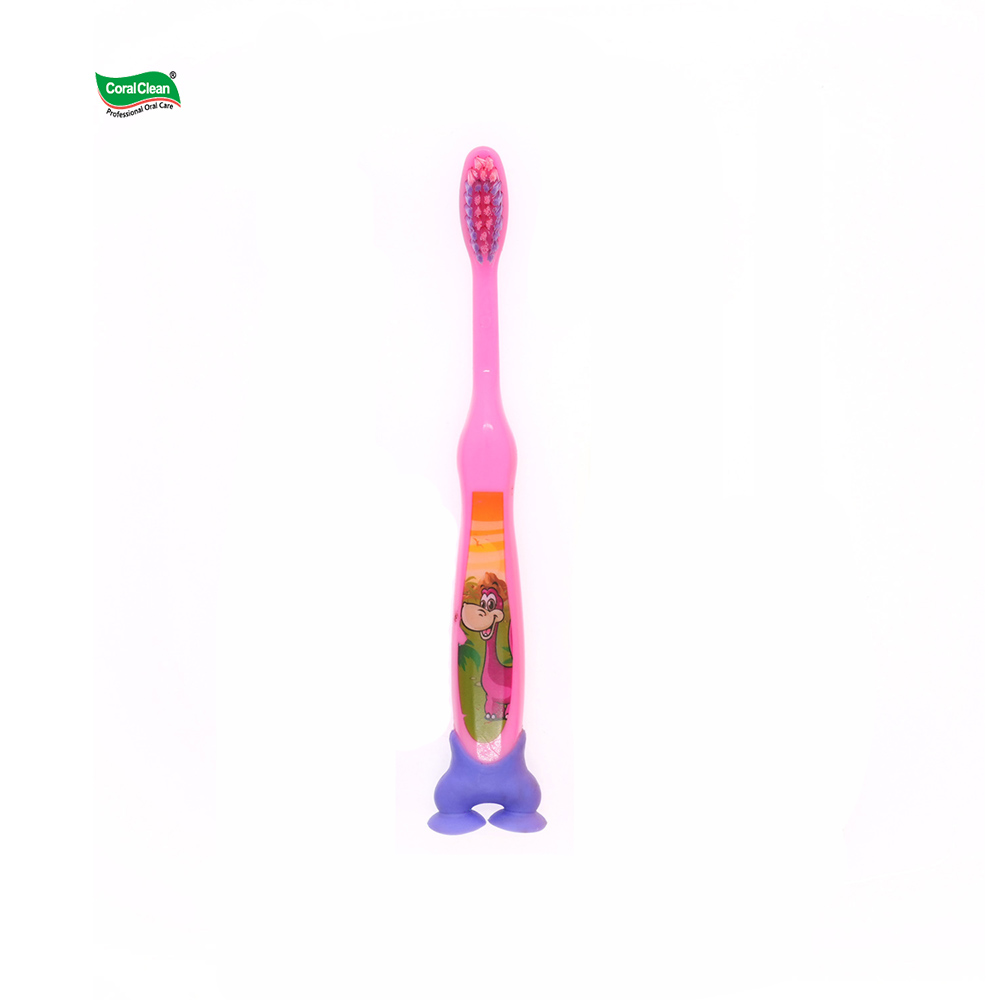 Child Toothbrush with Cute Pattern Suction Cup Base for 3-12 Years Old Children